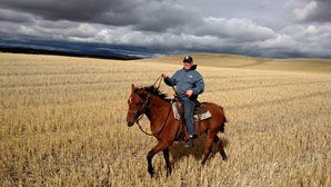 Photo: Courtesy Down the Stretch Ranch Richard Monaco, a Vietnam War veteran, rides retired Thoroughbred Gal Has to Like it just outside Down the Stretch Ranch in Creston, Wash.